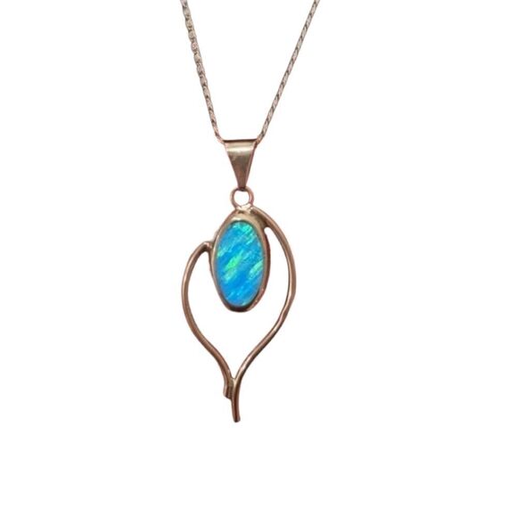 Vintage Mexico Foiled Opalite Free Form Sterling Silver 925 Pendant Necklace - Picture 1 of 12